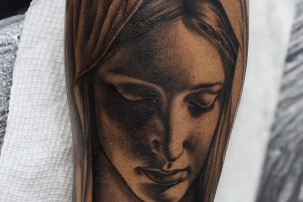 Black and Gray Grey Religious Jesus Tattoo Done at Skylla Tattoo Studio in Arlington, Texas by Bravo