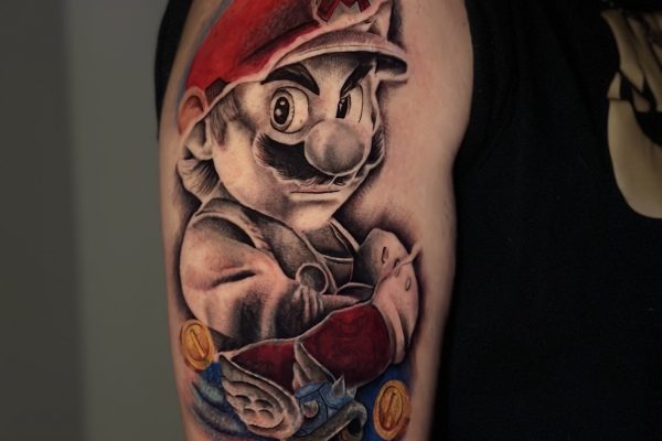 Mario Color Black Gray Grey Tattoo done by Erika from Skylla Tattoo Studio in Arlington Texas,